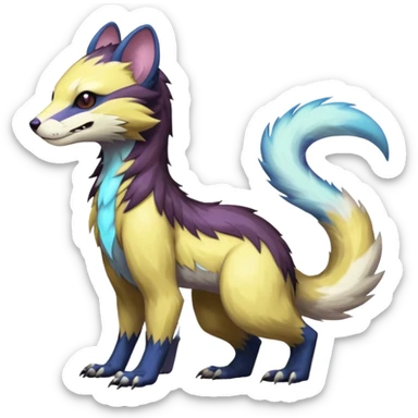 Colorful translucent luminescent glowing Trico-Sergal-Furret-Ferret-Wolverine-Vernid-furry-fursona-fusion-Fakemon-animal-hybrid-creature, full body sticker