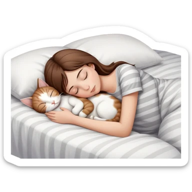 side view brown haired teenage girl sleeping with white cat that has grey-beige stripes on a white pillow with white sheets sticker
