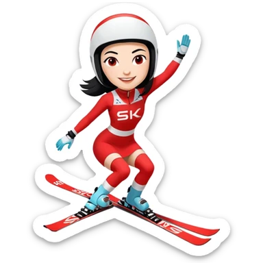 Ski racer downhill squat woman red white dress with the name Stephanie on the dress Ski Head lettering black hair smile sticker