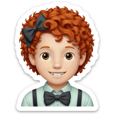 redhead kid with unique face features and very curly hair kid boy happy and braces on teeth, wearing a bow on head on hair just one bow sticker