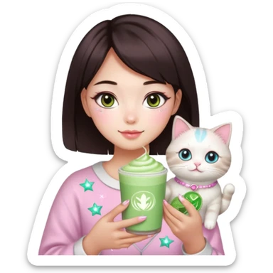 asian girl with short dark brown hair with a soft girl pink glowup aesthetic. matcha latte sparkles girly things, 2 ragdoll cats, skincare, makeup, money, luxury, add makeup and sparkles sticker