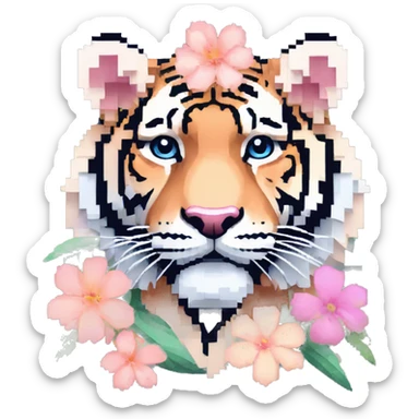 Pixel art of a pixel pink peach beige blue cream pastel pixel tiger wearing tropical flowers and leaves, flower crown, floral, pixel sticker