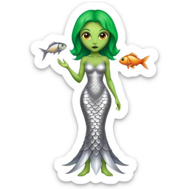 Green Alien woman with fish scales in silver dress, full figure, yellow eyes sticker