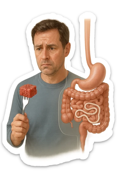 A realistic, high-quality medical illustration showing a concerned man in his early 40s holding a piece of raw beef tartare on a fork, looking at it with a worried expression. Behind him, a transparent overlay of his digestive system reveals the presence of Taenia saginata (beef tapeworm), depicted as a long, segmented white worm inside his intestines, symbolizing the infection. The environment is a kitchen with bright but neutral lighting, creating a serious educational tone. Subtle anatomical highlights and clean medical graphics convey the concept of parasite transmission through undercooked beef, emphasizing food safety and health awareness. sticker