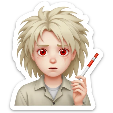tired student with red eyes, messy hair, dazed expression, holding a joint sticker