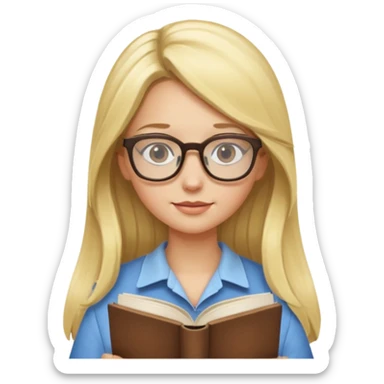long hair blonde girl with glasses reading sticker