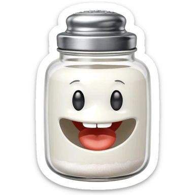 A mischievous anthropomorphic salt jar with transparent glass body and metal lid sticker