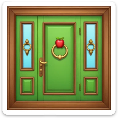 A wooden green door emoji in the style of Apple emoji with a handle, a window, and a knocker and a different color sticker