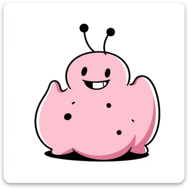 Majin Buu from Dragon Ball Z, pink blob monster with holes, antenna on head, mischievous smile sticker