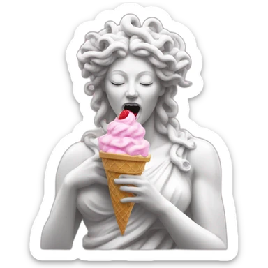 white statue of Medusa Gorgo eating pink ice cream sticker