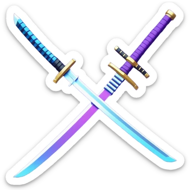 Animated emote: Katana breaking into pixels (purple/blue glitch effect). Loopable 3-frame animation. Minimalist, no background. sticker