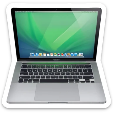 A macbook laptop front facing with its screen showing green screen. sticker