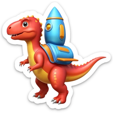 cute toy-like rocket-propelled dinosaur, rounded shapes, glossy texture, colorful rocket backpack, happy expression, 3D cartoon, mobile game icon style, clean background, no text, no watermark
 sticker
