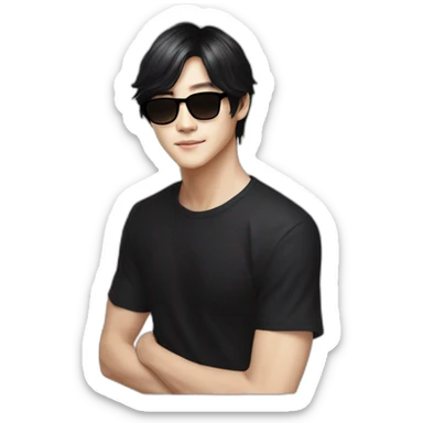 Kim Taehyung with black hair and black glasses with a black shirt and light beige skin sticker