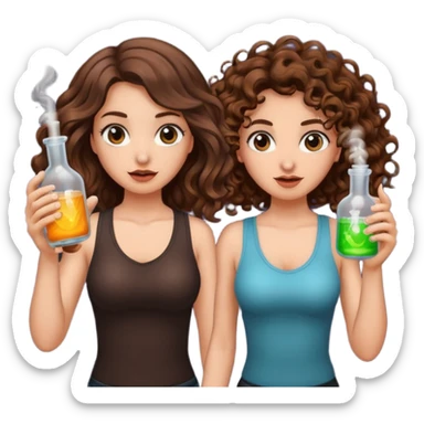 wrong mixture — long wavy brown hair tattooed woman and short tight curly brown hair woman — panic holding glowing flask sticker