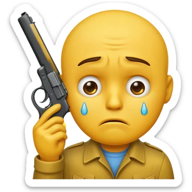 Make a yellow emoji of a guy holding a gun in his mouth while crying sticker