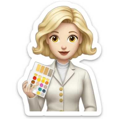 pale skin woman with blonde straight line Hair to shoulders, White classical jacket, Gray Palazzo pants holding a color palette in the hands sticker