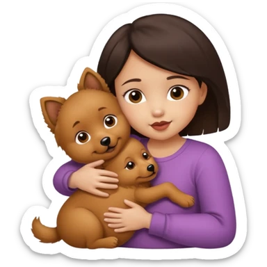A baby girl with dark short hair and light skin with a nipple in her mouth in a hug with a brown dog spitz sticker
