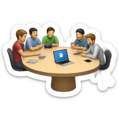 5 Developers with MacBooks sitting in a room with around a circular table and two tv on a wall behind sticker
