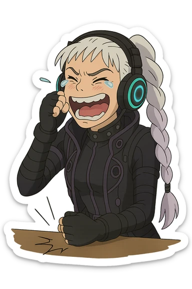 1 female, single long white braid with lavender tips. Cybergoth futurepunk, crying from laughter, pounding her fist on a table, “wheeze emoji” facial expression, hilarious  sticker