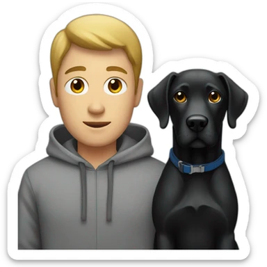 a man in a grey hoodie standing next to a black Labrador sticker