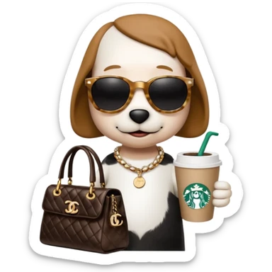 snoopy in a desk with starbucks and his chanel purse sticker