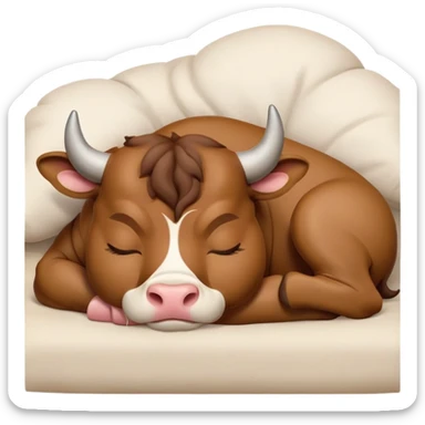 meme-worthy-cute-sleeping-domestic-bull-portrait-emoji,-head-resting-peacefully-with-a-contented-smile,-showcasing-a-robust,-muscular-build-and-a-luxuriously-soft-coat,-eyes-gently-closed-in-serene,-restful-slumber,-simplified,-solid-brown sticker