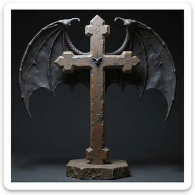 realistic gothic cross, with bat wings, photorealistic style, no background sticker