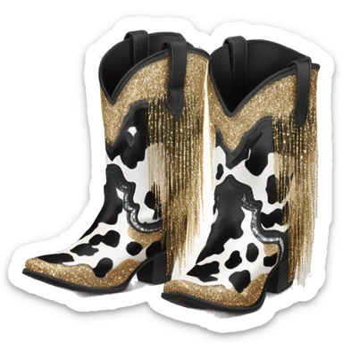 Realistic cow print pair of fashion cowgirl boots with sparkly shiny glitter fringe on them. sticker