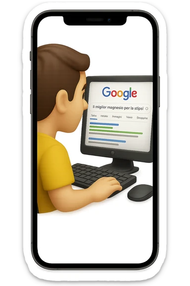 emoji stile iphone di un uomo davanti al pc che cerca di google: "Il miglior magnesio per la stipsi", iperrealistico 4k sticker