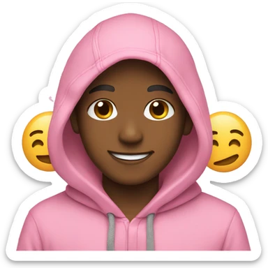 Boy in a pink hoodie smiling with a peace sign sticker