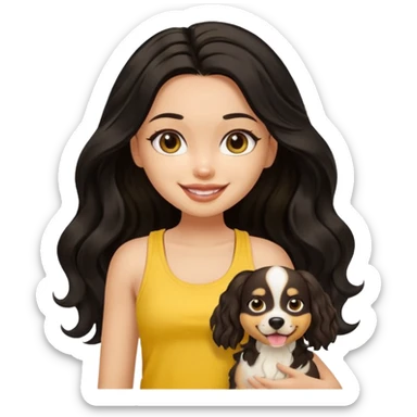 brown pretty bratz girl with long wavy black hair, wearing a yellow tank top with a dog sticker