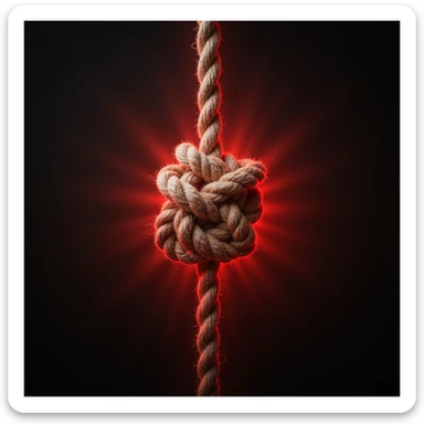 hyperrealistic rope knot isolated on white background with a bright red halo around the knot indicating pain, realistic details, no other elements sticker