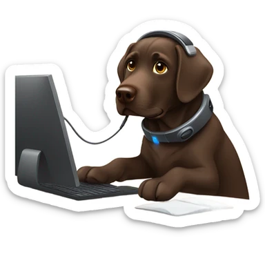 Chocolate lab working on computer with headset  sticker