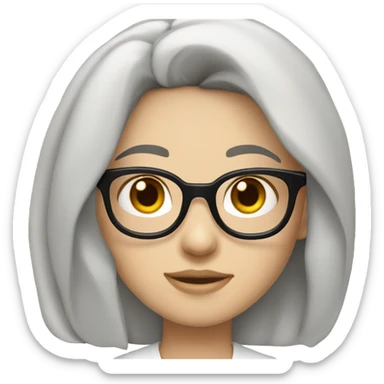 Girl, with fair skin and long black hair, with black framed glasses wearing a white shirt sticker