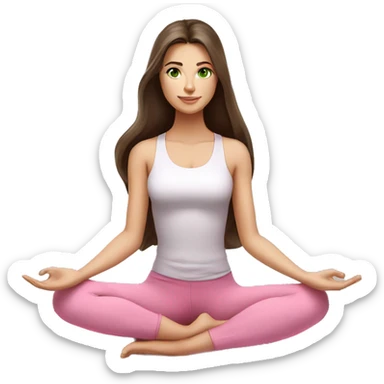 Brunette long hair and green eyes yoga beautiful girl in light pink pink pink clothes sitting on a yoga mat sticker