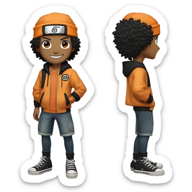 Naruto character looking brazilian , biracial, short straight black hair, orange jacket with a little black, a head wrap from his character, black Converse shoes, jean shorts and smiling sticker