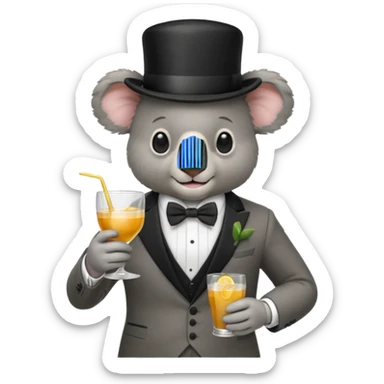 koala wearing suit, bowtie and top hat, holding a glass of drink sticker