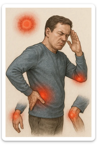 uomo che ignora i suoi un mal di testa, mal di schiena e dolore articolare e ignora ogni segnale e messaggio che il corpo manda per avvertirlo sticker