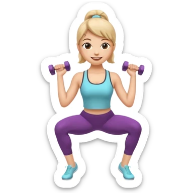 A cute 3D emoji of a fitness woman doing a plié squat at a ballet barre, holding a small dumbbell. She is sweating but smiling. Wearing leggings and a tank top. Soft pastel background, Apple emoji style. sticker