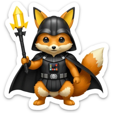 A fox wearing a darth vader Costume with pikachu sticker