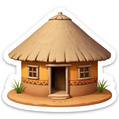 African mud hut tribal house, round adobe clay house, thatched roof, warm sunlight, colorful tribal patterns, cute mobile game icon, 3D cartoon, high detail, clean background sticker