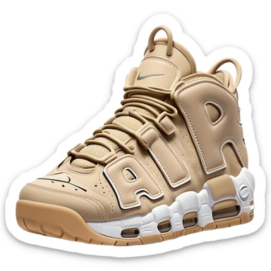 Two beige Nike Air More Uptempo sneakers arranged with one positioned behind the other, simple clean design with minimal details but distinct AIR lettering sticker