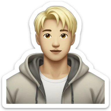 Korean with short bleached blond hair in his 20s muscular with a hoodie sticker