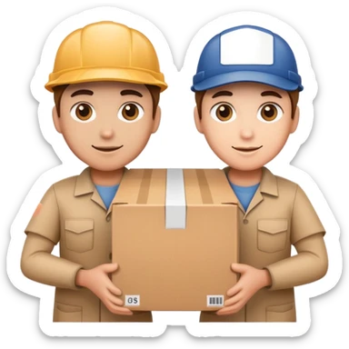two suppliers standing together holding a big box, both wearing caps and work uniforms sticker