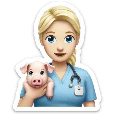 Female blonde vet with blue eyes holding a pig sticker