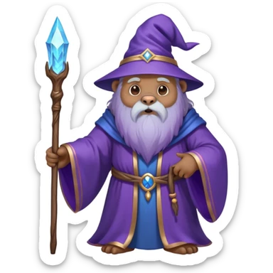 A wise old bear wizard with long beard casting a blue spell with wooden staff and purple flowing robes sticker
