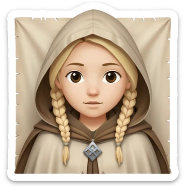 girl with blond braids wearing a cloak with a hood over her shoulders holding a white square of canvas, medieval age sticker