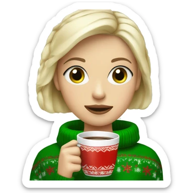 Short haired blonde girl with green eyes drinking coffee wearing Christmas sweater sticker