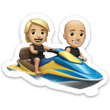 Guy with long Blonde hair, guy with bald head, guy with short brown hair, riding a jet ski with 3 surf boards sticker